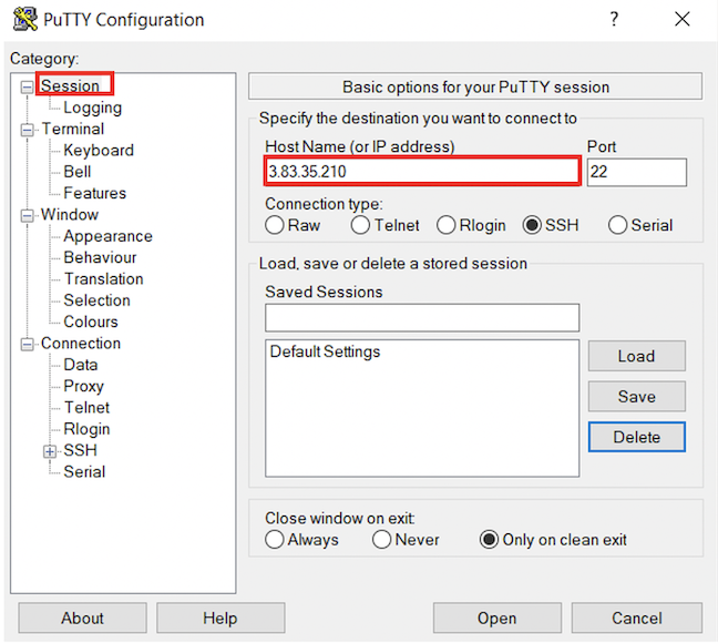 Logging in with putty (Windows)