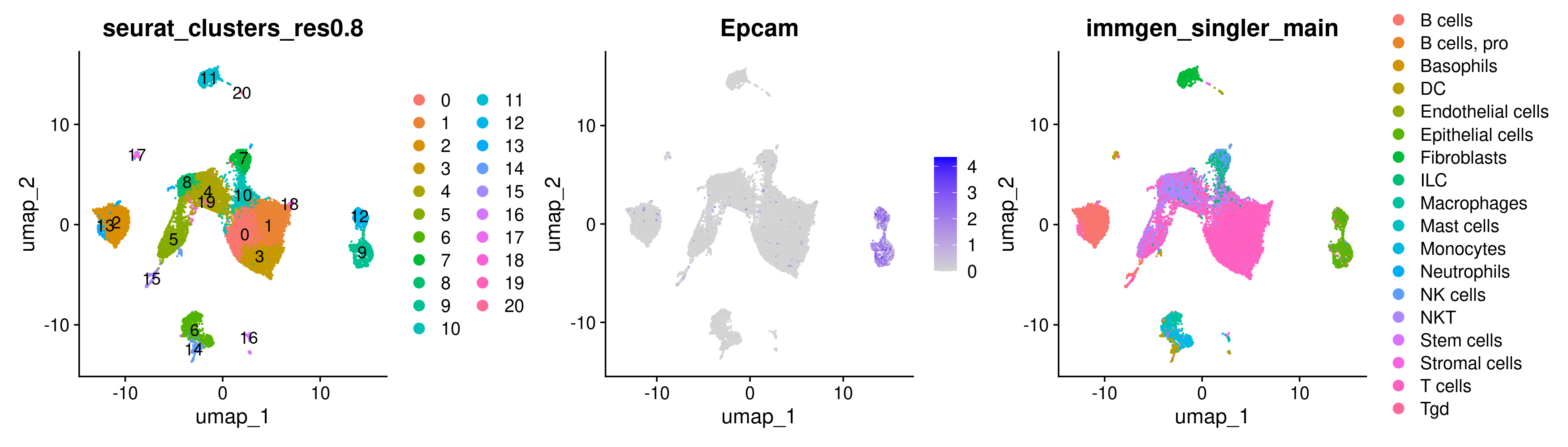 EPCAM cluster singler feature and dimplot