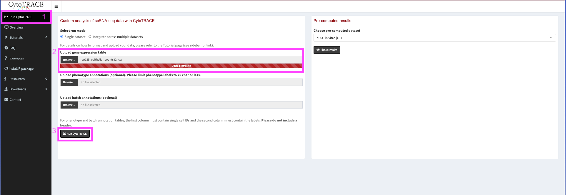 Uploading to Cytotrace